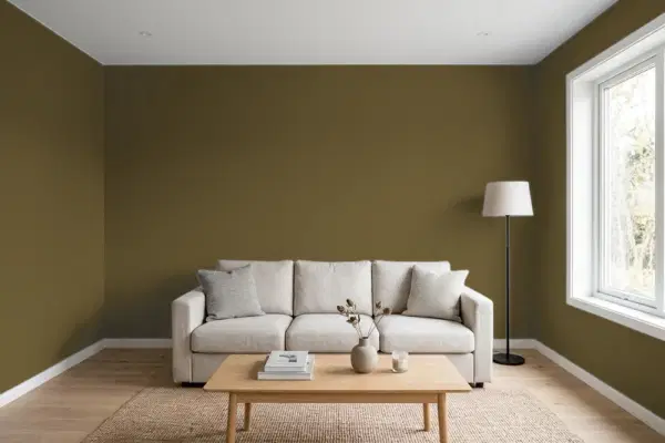 Living room with walls painted Sherwin-Williams Momentum SW 9530 (simulated)