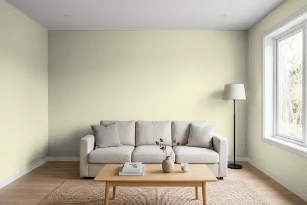 Living room with walls painted Benjamin Moore Moon Shadow 1516 (simulated)