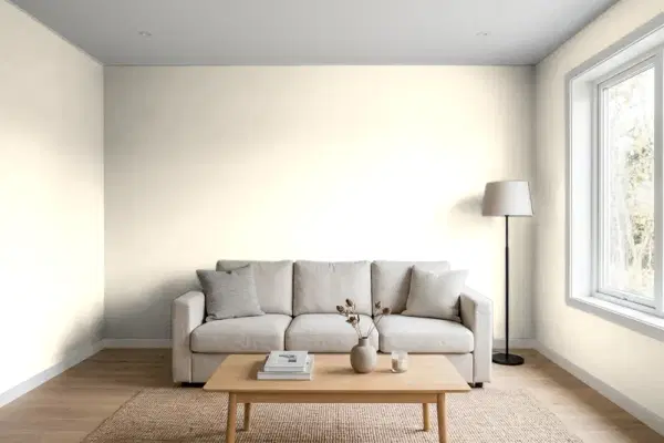 Living room with walls painted Behr Moonlight White 350E-1 (simulated)