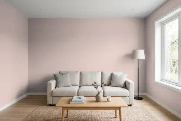 Living room with walls painted Behr Moonlit Mauve N130-3 (simulated)