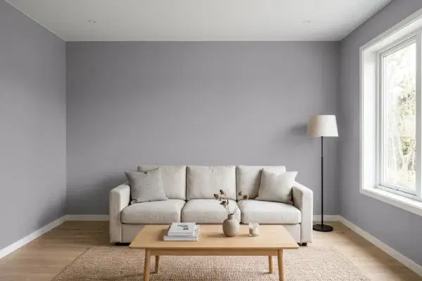 Living room with walls painted Sherwin-Williams Moonlit Orchid SW 9153 (simulated)