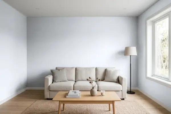 Living room with walls painted Behr Moonlit Snow MQ3-61 (simulated)