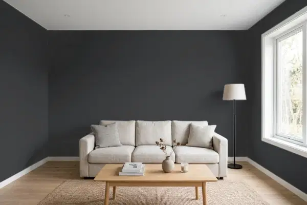 Living room with walls painted Benjamin Moore Mopboard Black CW-680 (simulated)