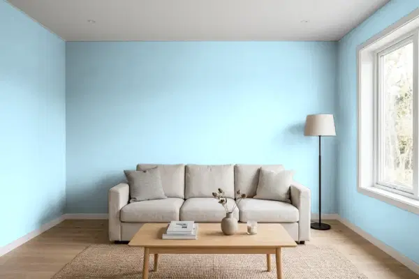 Living room with walls painted Benjamin Moore Morning Glory 785 (simulated)