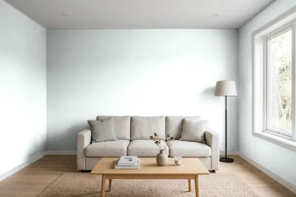 Living room with walls painted PPG Paints Morning Song 1034-1 (simulated)