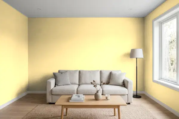 Living room with walls painted Benjamin Moore Morning Sunshine 2018-50 (simulated)