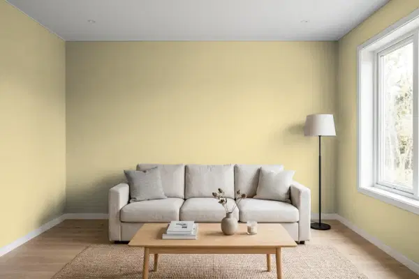 Living room with walls painted Behr Morning Tea M330-4 (simulated)