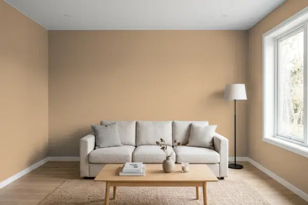 Living room with walls painted Benjamin Moore Morrel AF-125 (simulated)