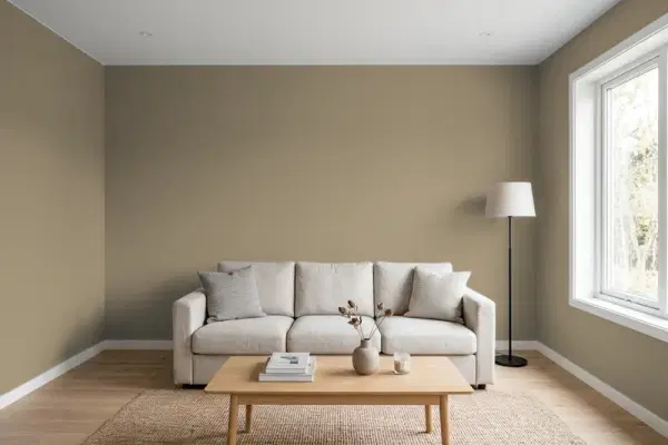 Living room with walls painted Benjamin Moore Mortar CC-574 (simulated)