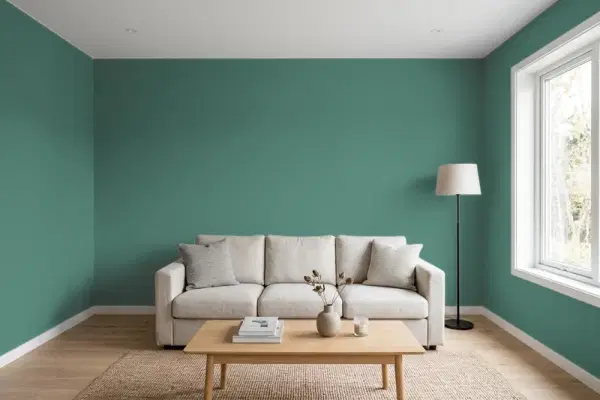 Living room with walls painted Valspar Mosaic Green 5008-8C (simulated)