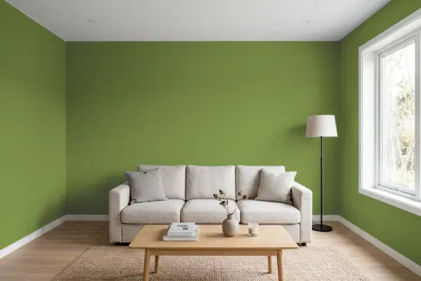 Living room with walls painted Behr Moss Landing 410D-6 (simulated)