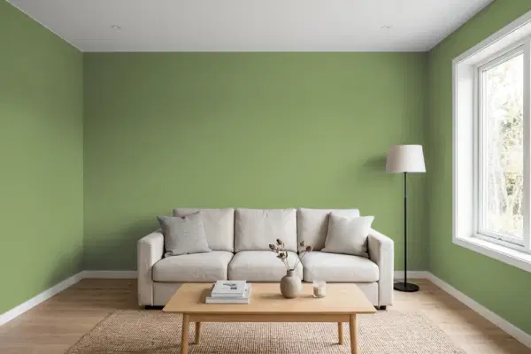 Living room with walls painted PPG Paints Moss Point Green 1121-6 (simulated)