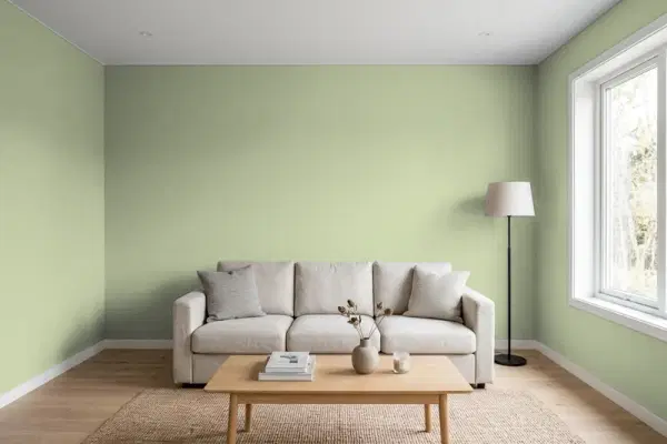 Living room with walls painted Behr Moss Print PPU11-08 (simulated)