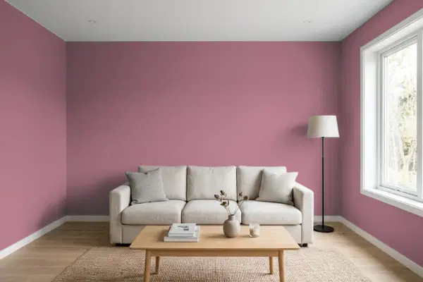Living room with walls painted Sherwin-Williams Moss Rose SW 6291 (simulated)