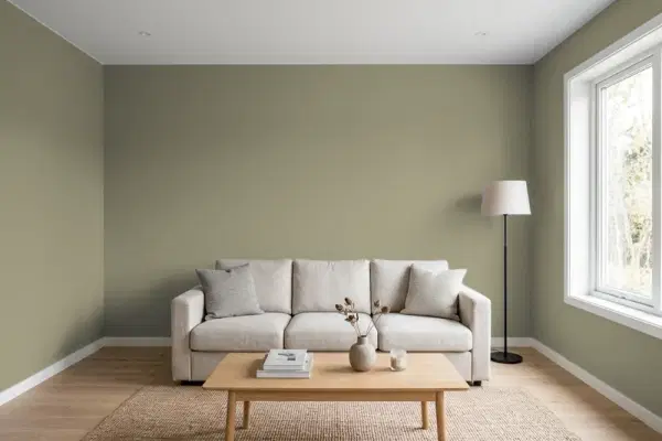 Living room with walls painted Behr Mossy Bank PPU8-21 (simulated)