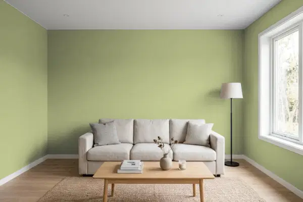Living room with walls painted Behr Mossy Cavern M350-5 (simulated)