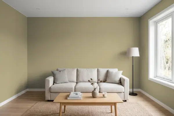 Living room with walls painted PPG Paints Mossy Gold 11-17 (simulated)
