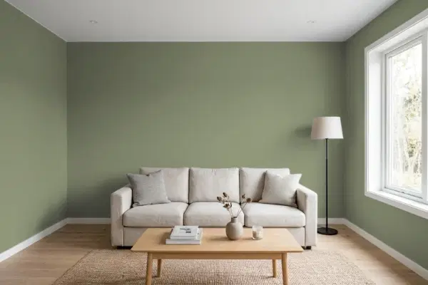 Living room with walls painted Benjamin Moore Mossy Oak CC-600 (simulated)