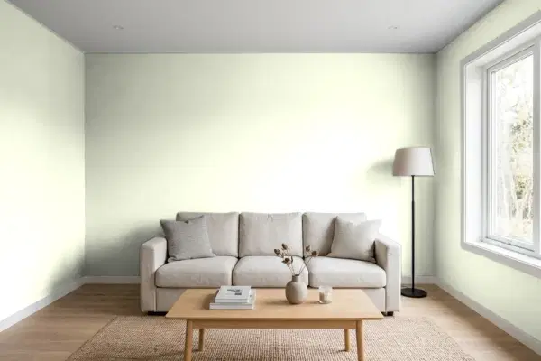 Living room with walls painted Behr Moth's Wing P370-1 (simulated)