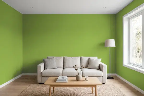 Living room with walls painted Valspar Mountain Botanical 6010-9 (simulated)