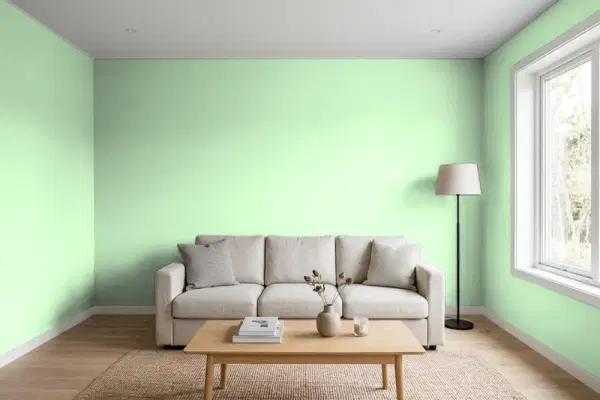 Living room with walls painted Behr Mountain Mint 450A-3 (simulated)