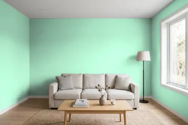 Living room with walls painted PPG Paints Mountain Mint 1227-3 (simulated)