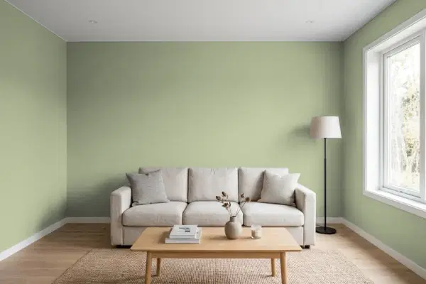 Living room with walls painted Behr Mountain Sage PMD-36 (simulated)