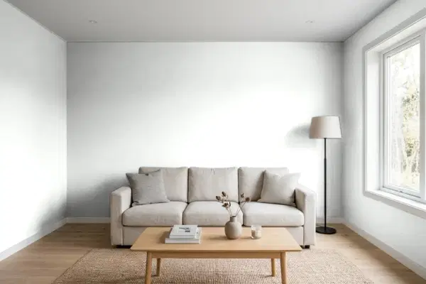Living room with walls painted Benjamin Moore Mountainscape 870 (simulated)