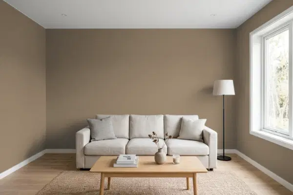 Living room with walls painted Behr Mudslide BXC-05 (simulated)