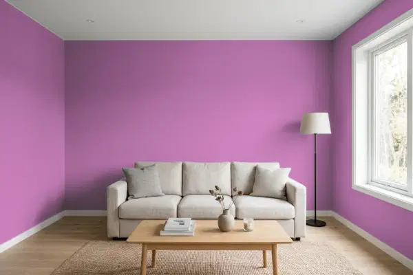 Living room with walls painted PPG Paints Mulberry Bush 1251-6 (simulated)