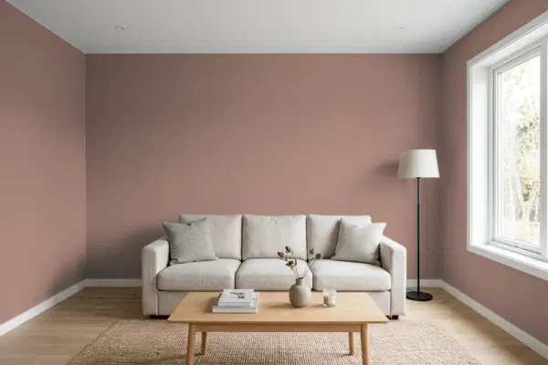 Living room with walls painted Sherwin-Williams Mulberry Silk SW 0001 (simulated)
