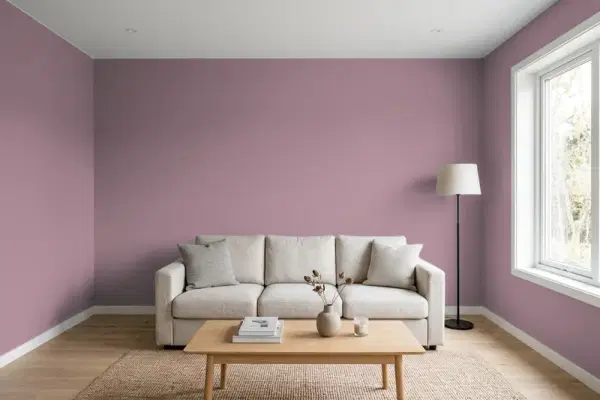 Living room with walls painted Behr Mulberry Wine T15-19 (simulated)