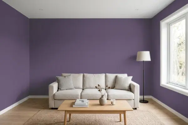 Living room with walls painted Behr Muscat Grape M560-7 (simulated)