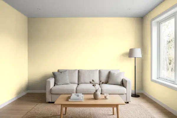 Living room with walls painted Benjamin Moore Mushroom Cap 177 (simulated)