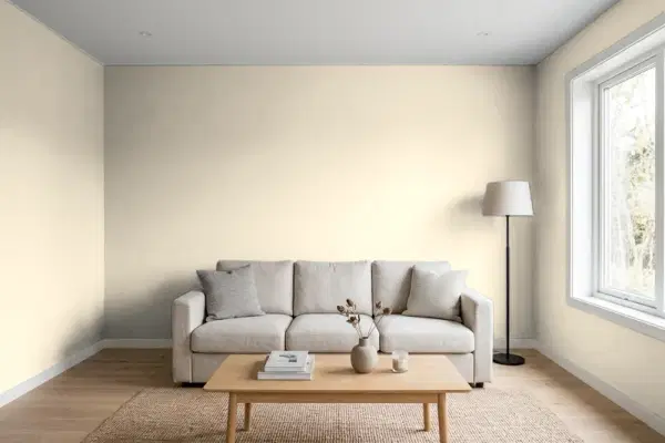 Living room with walls painted Benjamin Moore Muslin OC-12 (simulated)