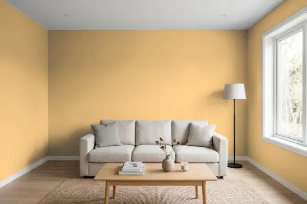 Living room with walls painted Behr Mustard Field HDC-AC-08 (simulated)