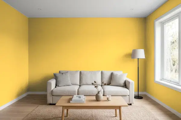 Living room with walls painted Valspar Mustard Glaze 3006-3A (simulated)
