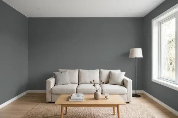 Living room with walls painted Valspar Muted Ebony 4008-2C (simulated)