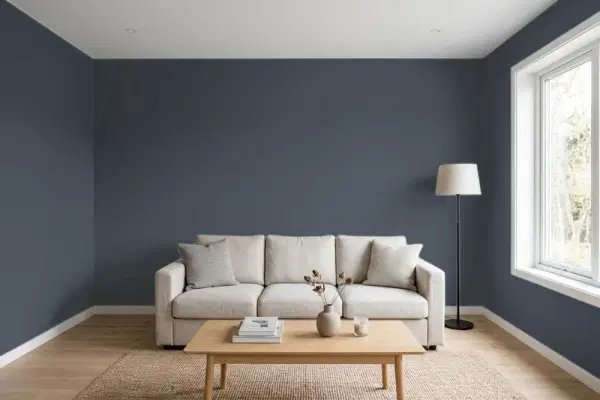 Living room with walls painted Benjamin Moore Mysterious AF-565 (simulated)