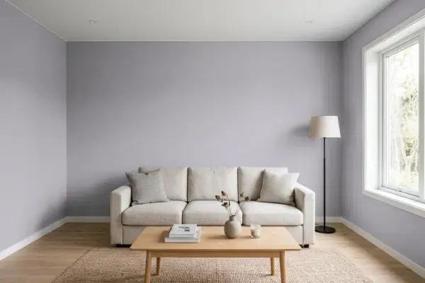 Living room with walls painted Sherwin-Williams Mysterious Mauve SW 6262 (simulated)
