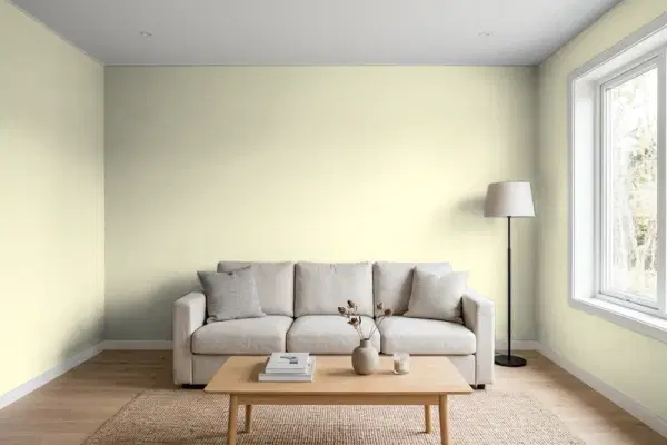 Living room with walls painted Benjamin Moore Nantucket Breeze 521 (simulated)