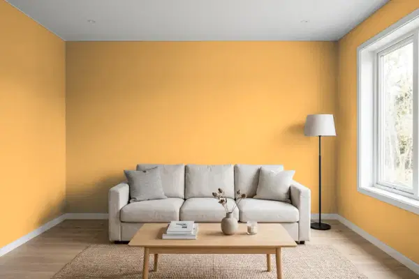 Living room with walls painted Benjamin Moore Natural ES-10 (simulated)