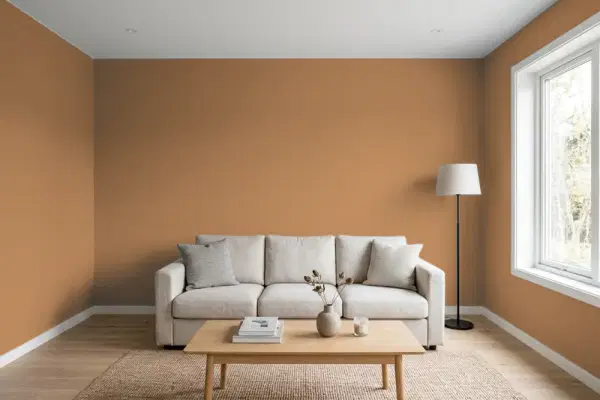 Living room with walls painted Benjamin Moore Natural Cedartone ES-45 (simulated)