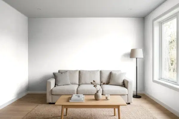 Living room with walls painted Sherwin-Williams Natural White SW 9542 (simulated)