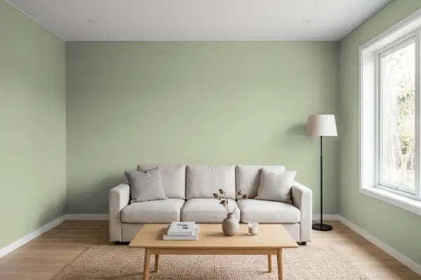 Living room with walls painted Benjamin Moore Nature Lover CC-726 (simulated)