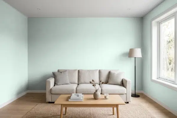 Living room with walls painted Behr Nature's Reflection N430-2 (simulated)