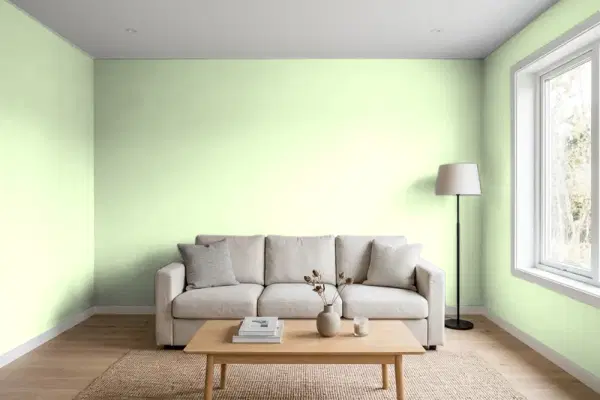 Living room with walls painted Benjamin Moore Neon Celery 2031-60 (simulated)