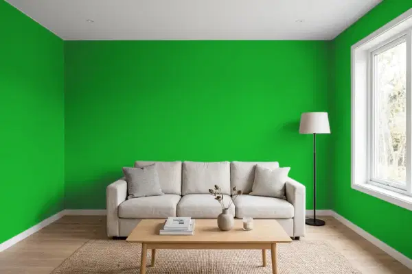 Living room with walls painted Benjamin Moore Neon Green 2032-10 (simulated)