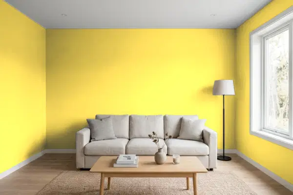 Living room with walls painted Behr Neon Light 380B-5 (simulated)