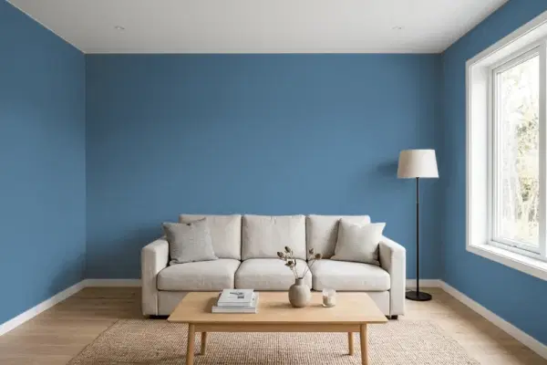 Living room with walls painted Behr Neptune Blue 570D-6 (simulated)